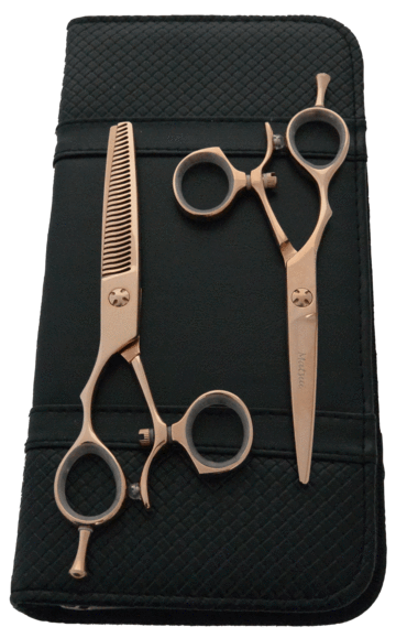 Matsui left hand Roségold hairdressing and modelling scissors with movable thumb as a set